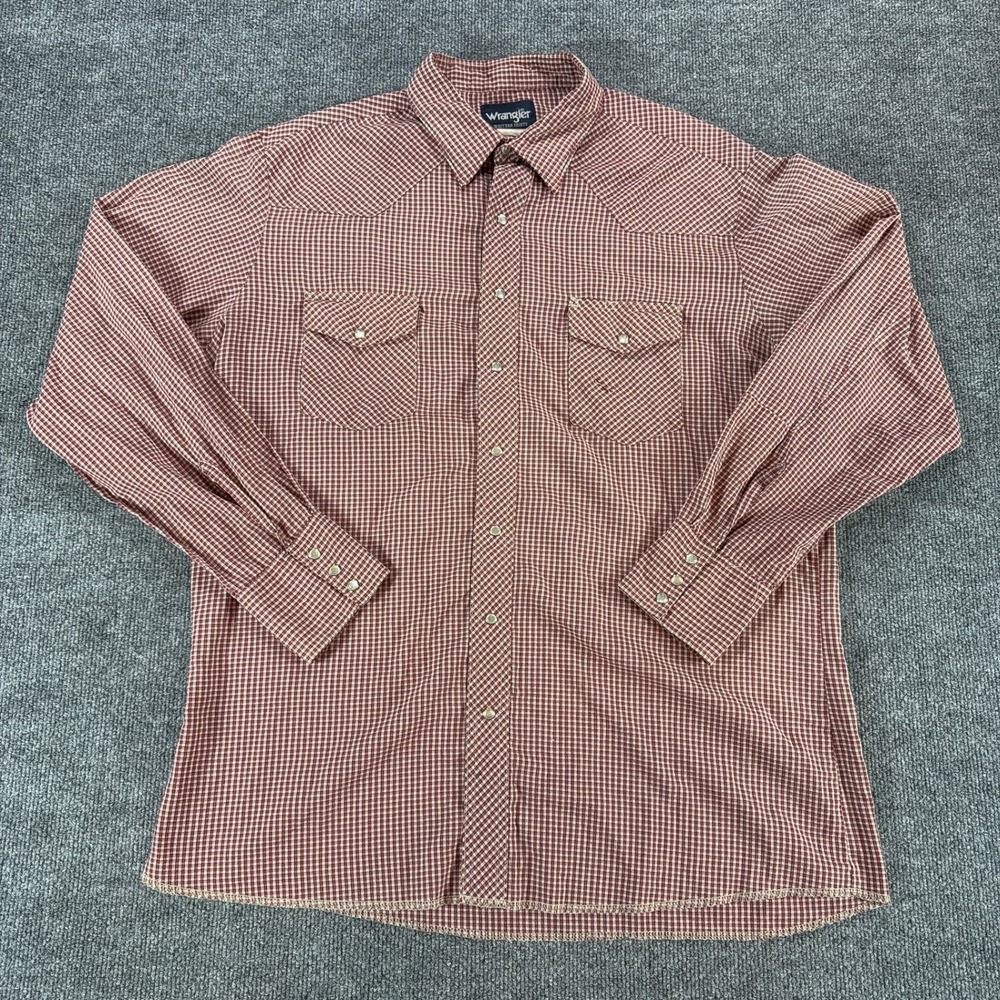 VTG Wrangler Western Shirt Mens XLT Red Check Pearl Snap Long Sleeve Brushpopper
